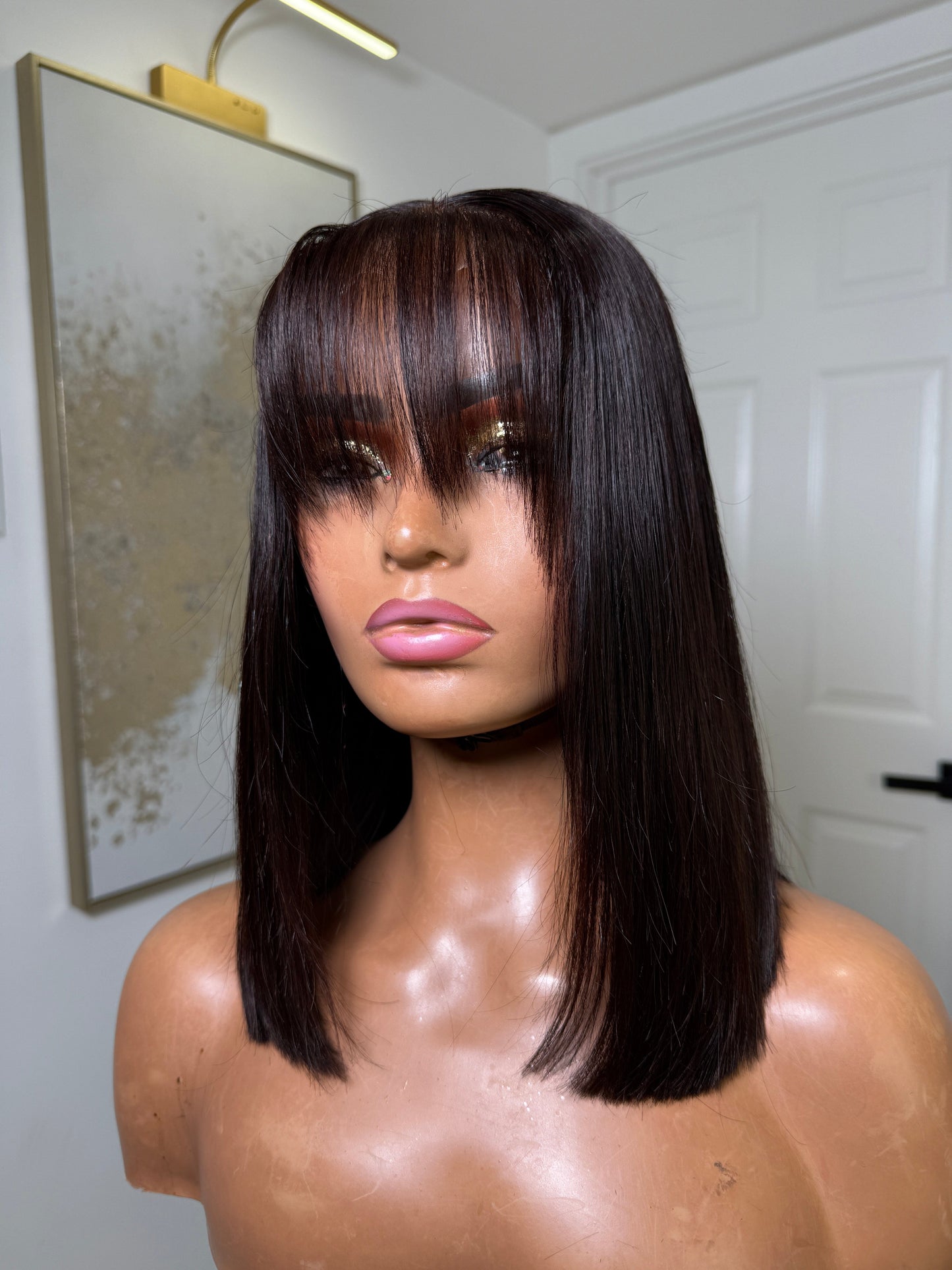 Full bang 12 inch blunt cut natural color premade wig